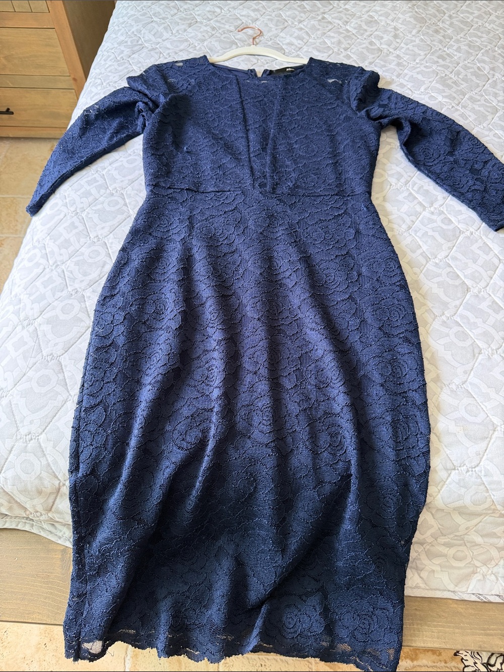 Aqua Navy Long-Sleeve Lace Sheath Dress
